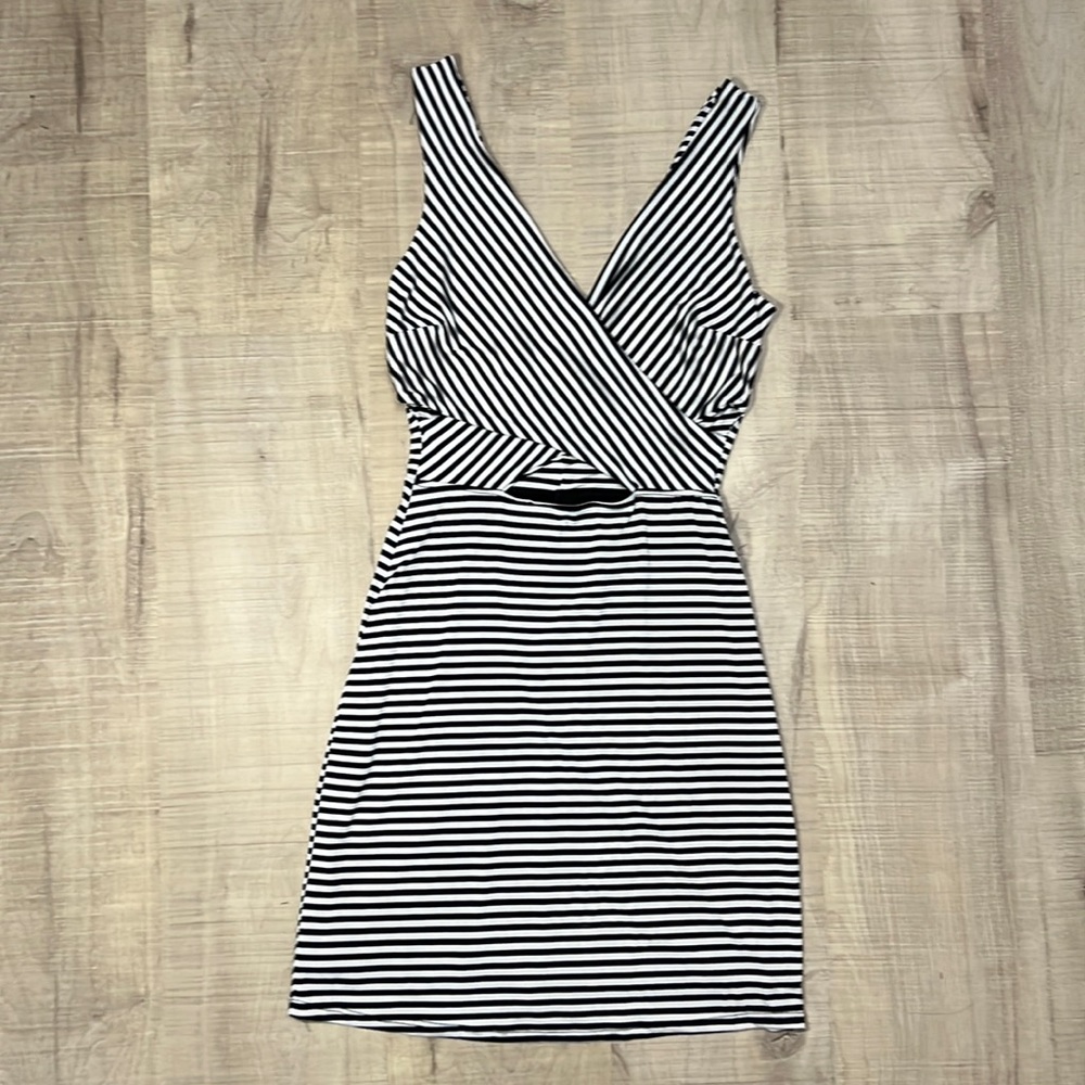 Black and white striped cutout mini bandage dress